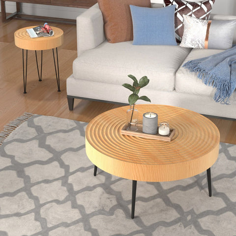 Set of 2 Solid Wood Farmhouse round Coffee Tables
