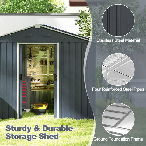 Galvanized Metal Garden Shed with Foundation Ramp and Sliding Door