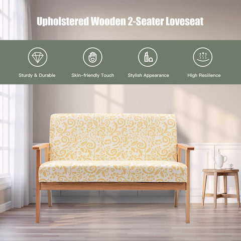 2-Seater Wooden Upholstered Loveseat with Rubber Wood Armrests