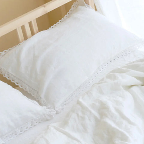One Piece Elegant White Cutwork Lace Pure Linen Matching Pillowcase Bedding Crochet Eyelet Ruffled Sham Pillow Cover TJ3962