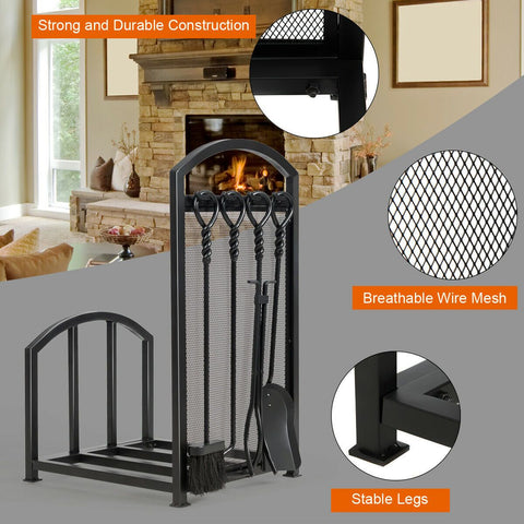 Firewood Rack with 4 Tools Fireplace Log Storage Holder Set