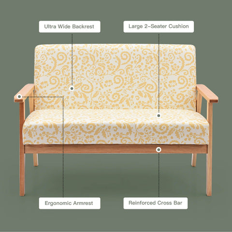 2-Seater Wooden Upholstered Loveseat with Rubber Wood Armrests
