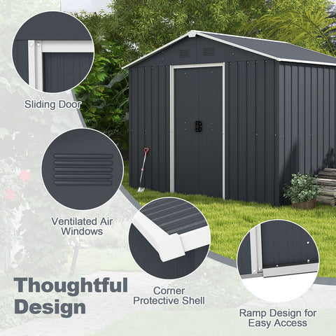 Galvanized Metal Garden Shed with Foundation Ramp and Sliding Door