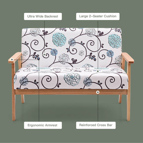 2-Seater Wooden Upholstered Loveseat with Rubber Wood Armrests