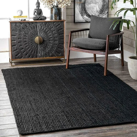 Black Natural Jute Woven Black Double-Sided Rug