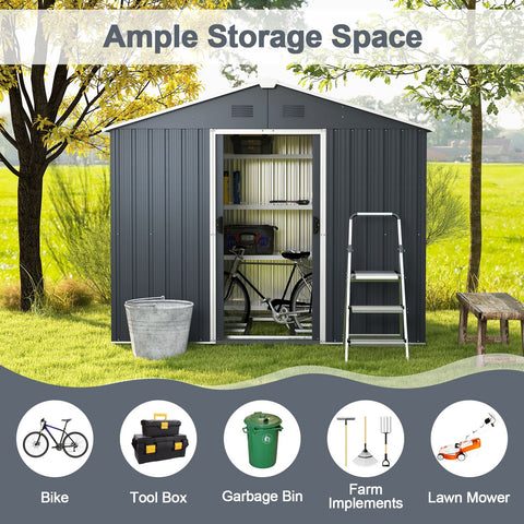 Galvanized Metal Garden Shed with Foundation Ramp and Sliding Door