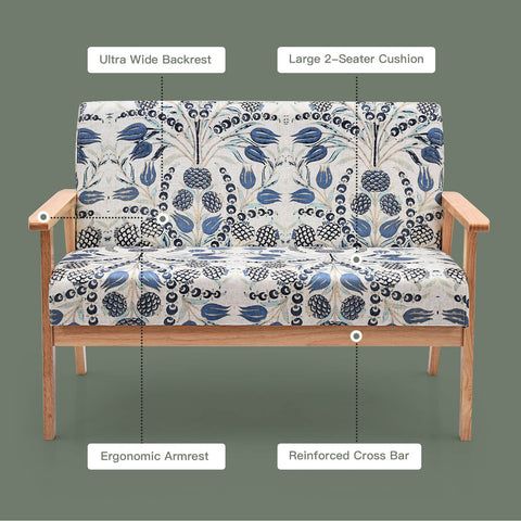 2-Seater Wooden Upholstered Loveseat with Rubber Wood Armrests