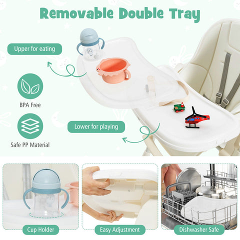 Folding Adjustable High Chair with 5 Recline Positions for Babies Toddlers