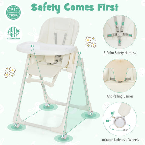 Folding Adjustable High Chair with 5 Recline Positions for Babies Toddlers