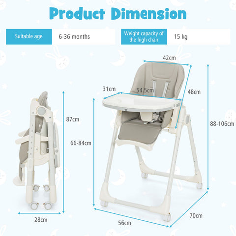 Folding Adjustable High Chair with 5 Recline Positions for Babies Toddlers