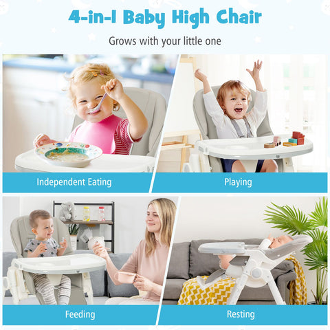 Folding Adjustable High Chair with 5 Recline Positions for Babies Toddlers