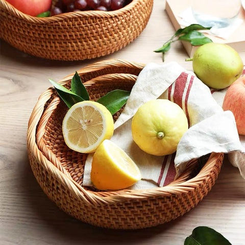 Round Rattan Woven Storage Basket Fruit Bread Food Kitchen Home Decor Organizer Kitchen Tableware Breadbasket for Kitchen