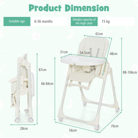 Folding Adjustable High Chair with 5 Recline Positions for Babies Toddlers