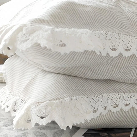 One Piece Elegant White Cutwork Lace Pure Linen Matching Pillowcase Bedding Crochet Eyelet Ruffled Sham Pillow Cover TJ3962