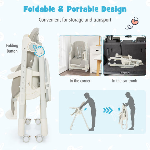 Folding Adjustable High Chair with 5 Recline Positions for Babies Toddlers