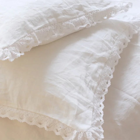 One Piece Elegant White Cutwork Lace Pure Linen Matching Pillowcase Bedding Crochet Eyelet Ruffled Sham Pillow Cover TJ3962