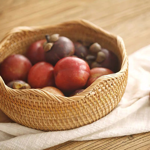 Round Rattan Woven Storage Basket Fruit Bread Food Kitchen Home Decor Organizer Kitchen Tableware Breadbasket for Kitchen