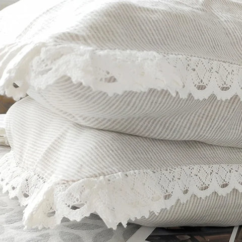 One Piece Elegant White Cutwork Lace Pure Linen Matching Pillowcase Bedding Crochet Eyelet Ruffled Sham Pillow Cover TJ3962