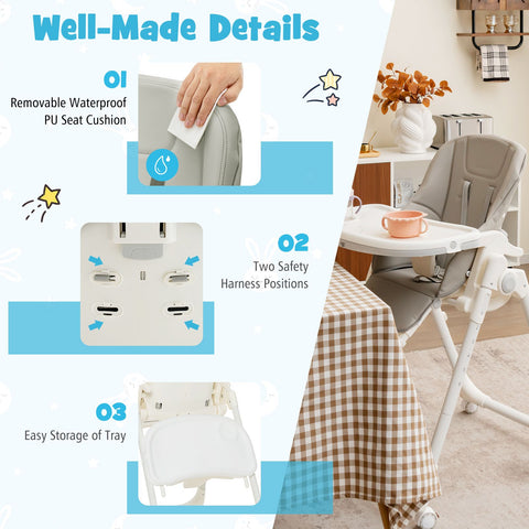Folding Adjustable High Chair with 5 Recline Positions for Babies Toddlers