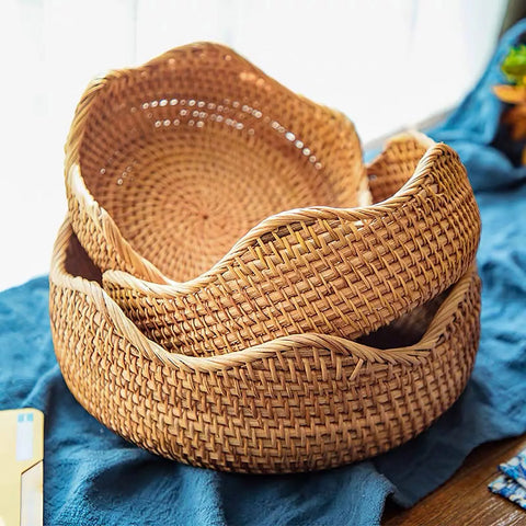 Round Rattan Woven Storage Basket Fruit Bread Food Kitchen Home Decor Organizer Kitchen Tableware Breadbasket for Kitchen