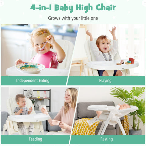 Folding Adjustable High Chair with 5 Recline Positions for Babies Toddlers
