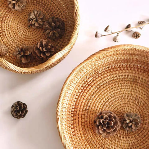 Round Rattan Woven Storage Basket Fruit Bread Food Kitchen Home Decor Organizer Kitchen Tableware Breadbasket for Kitchen