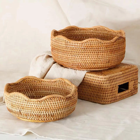 Round Rattan Woven Storage Basket Fruit Bread Food Kitchen Home Decor Organizer Kitchen Tableware Breadbasket for Kitchen