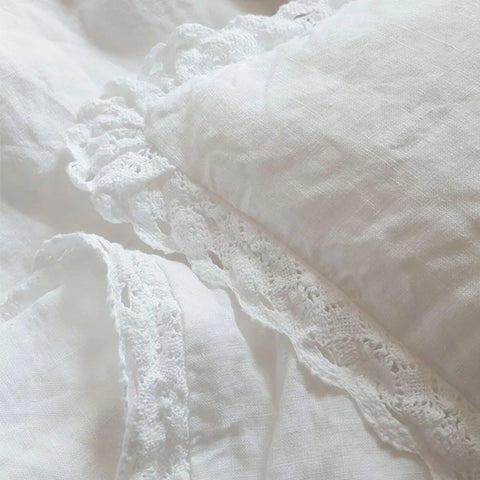 One Piece Elegant White Cutwork Lace Pure Linen Matching Pillowcase Bedding Crochet Eyelet Ruffled Sham Pillow Cover TJ3962