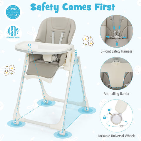 Folding Adjustable High Chair with 5 Recline Positions for Babies Toddlers