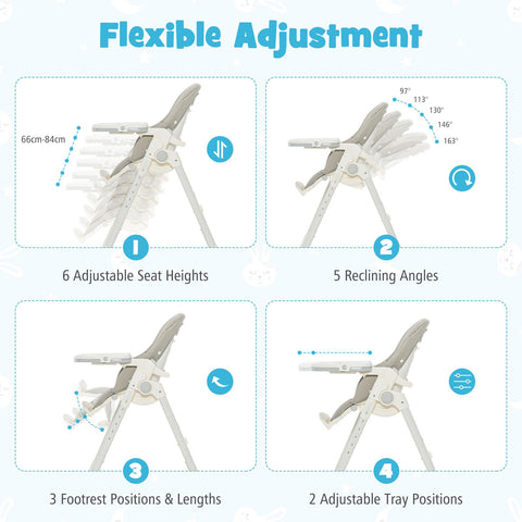 Folding Adjustable High Chair with 5 Recline Positions for Babies Toddlers