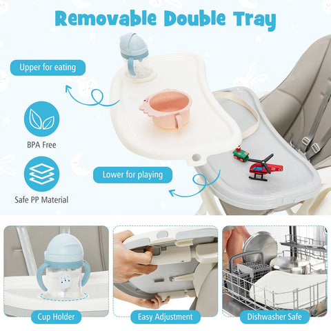 Folding Adjustable High Chair with 5 Recline Positions for Babies Toddlers